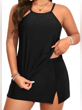 Yonique Womens Swimsuit Plus Size Tankini with Skirt Tummy Control 2Pc Black 18W